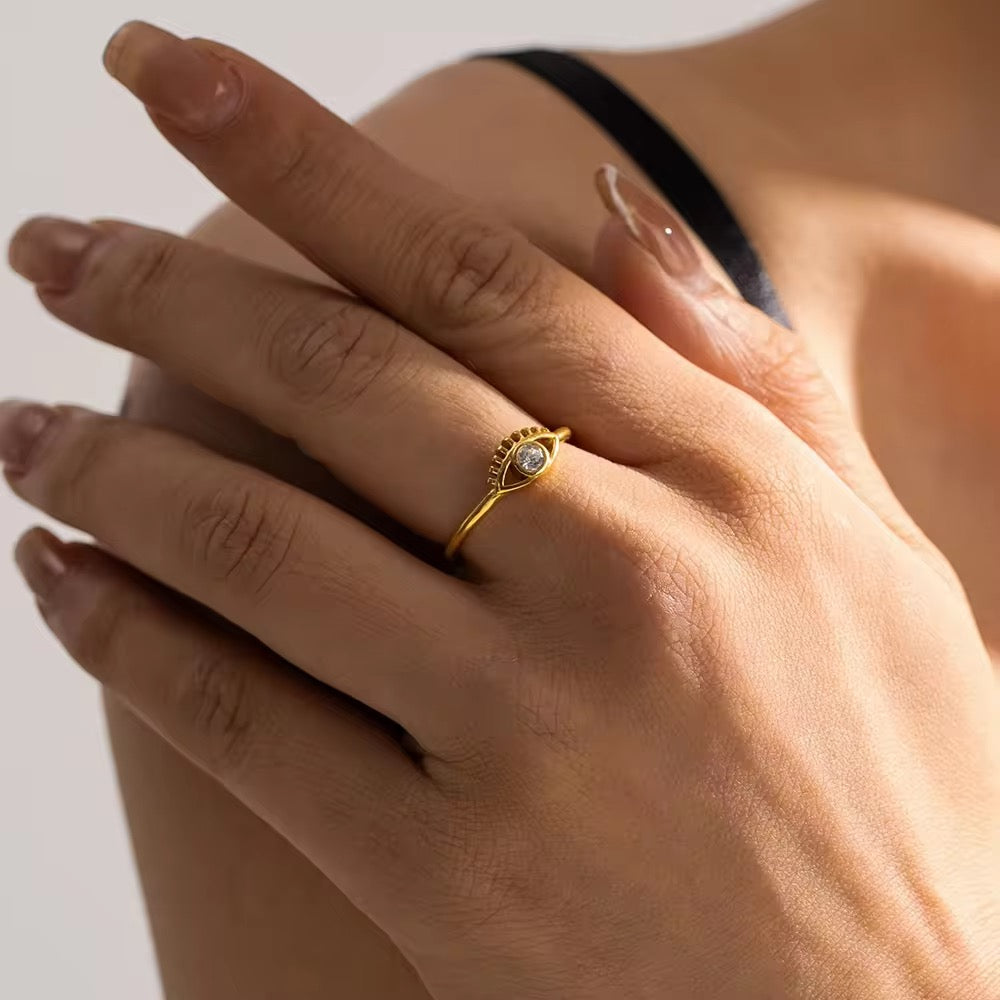Glamon Evil Eye Ring for Women – Luxury Gold Coated Adjustable Ring, Waterproof CZ Stone Gift for Her