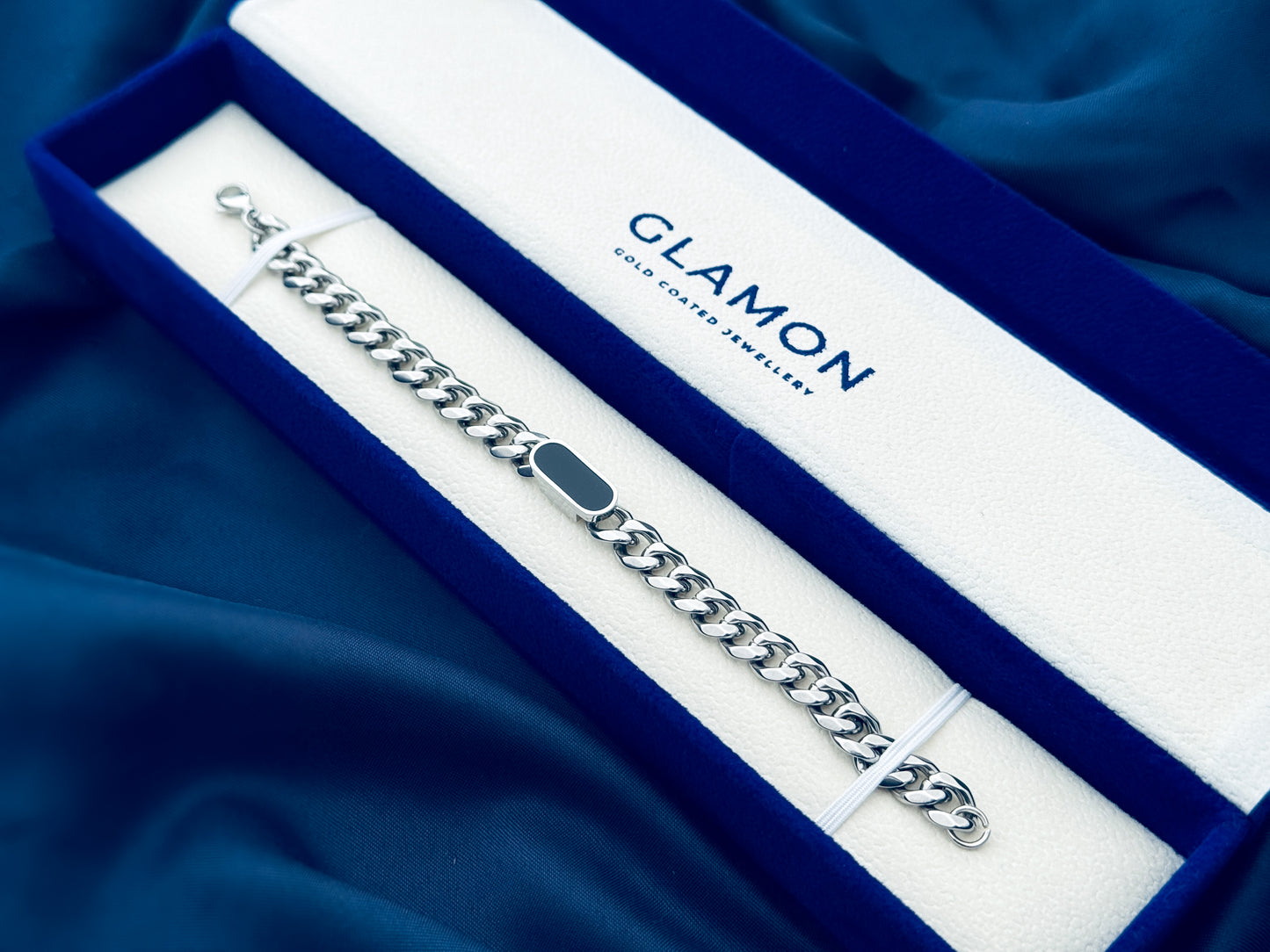 Glamon Midnight Luxe Men’s Silver Bracelet – 316L Stainless Steel Curb Chain Bracelet | Luxury Gift for Boyfriend