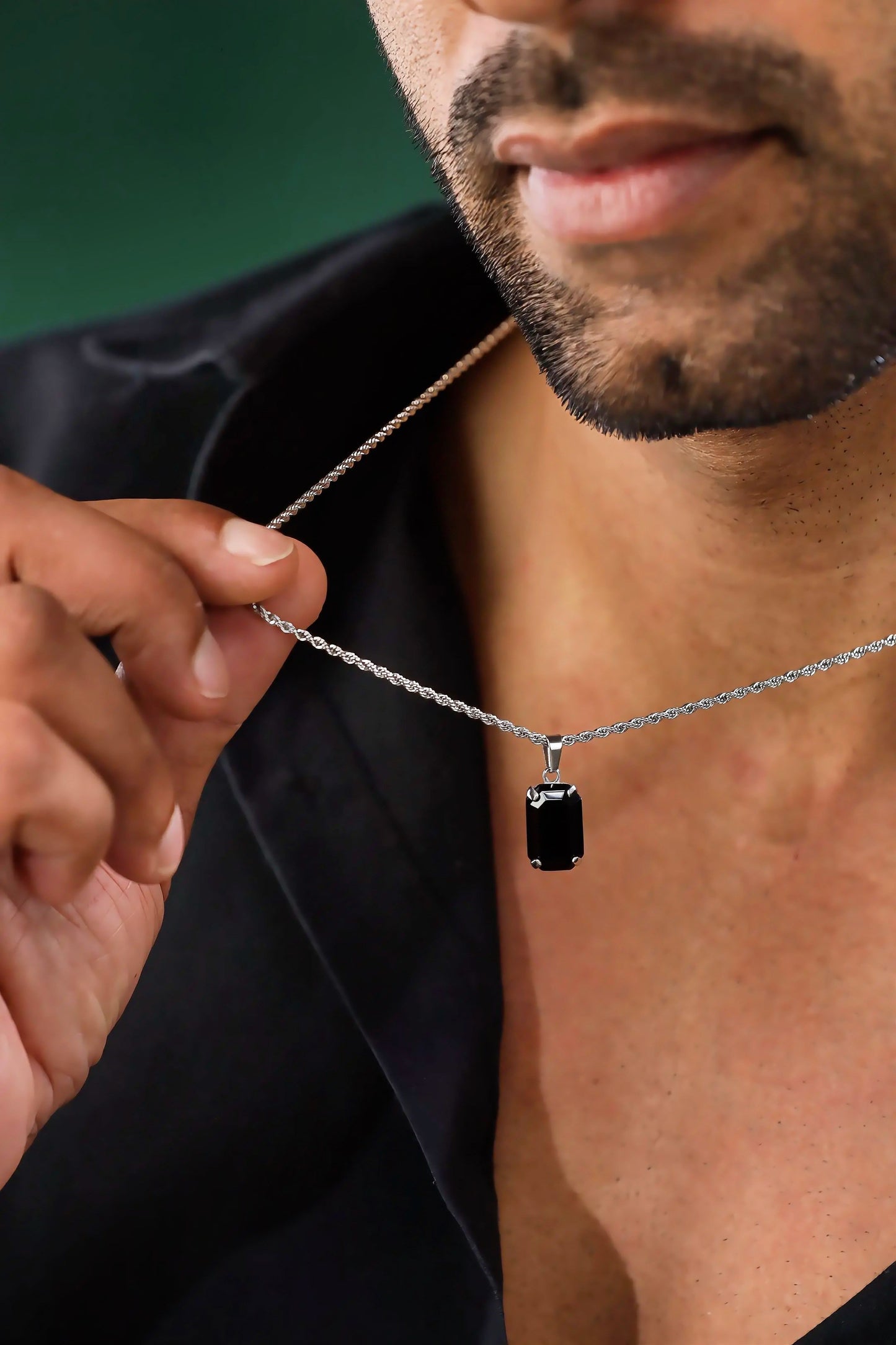 Glamon Dark Aura Silver Necklace for Men Black Onyx Pendant with Rope Chain Premium 316L Stainless Steel Waterproof