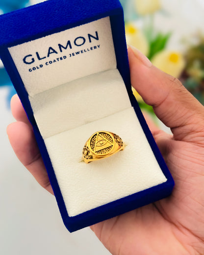 Glamon Guardian Eye Ring for Men – Gold Coated 316L Stainless Steel Evil Eye Signet Ring Luxury Waterproof Statement Jewelry Gift for Him