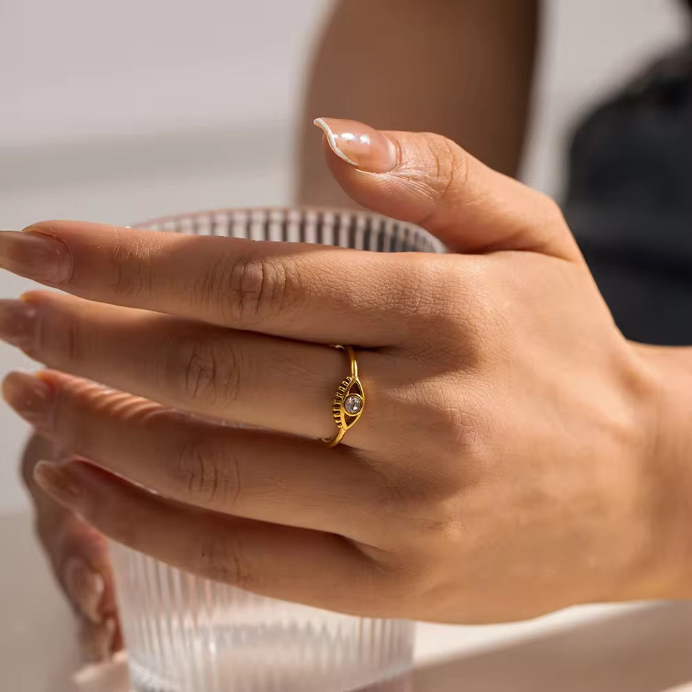 Glamon Evil Eye Ring for Women – Luxury Gold Coated Adjustable Ring, Waterproof CZ Stone Gift for Her