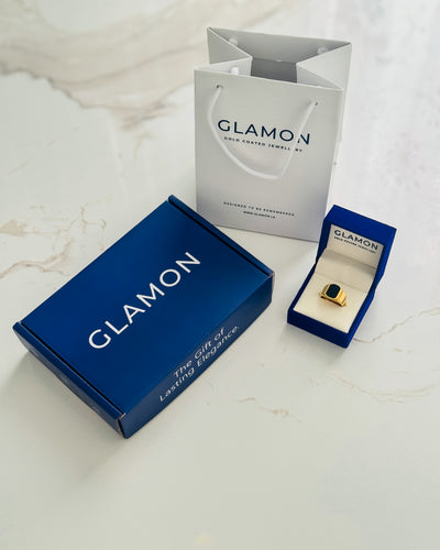 Glamon AUREX Black Signet Ring for Men Premium Gold Coated 316L Stainless Steel Waterproof Luxury Mens Ring