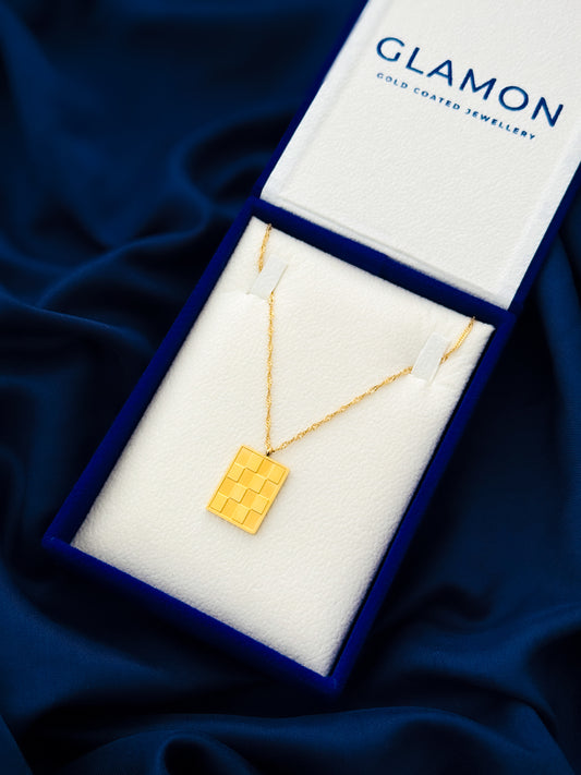 Glamon Checkered Pendant Necklace for Men – Gold Coated 316L Stainless Steel Chain Waterproof Premium Gift For men