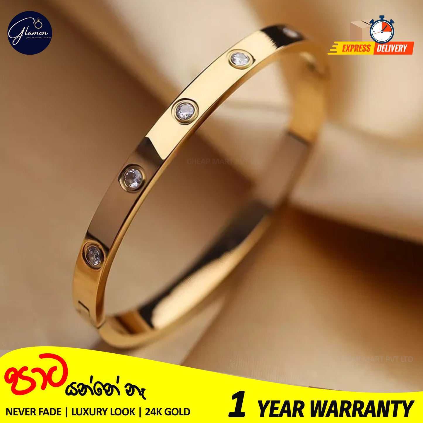 Luxury Gold Coated Stainless Steel 6mm Crystal Love Cartier Stone Bangle Bracelet For Women