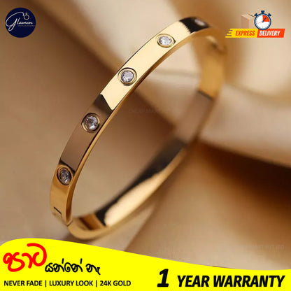 Luxury Gold Coated Stainless Steel 6mm Crystal Love Cartier Stone Bangle Bracelet For Women