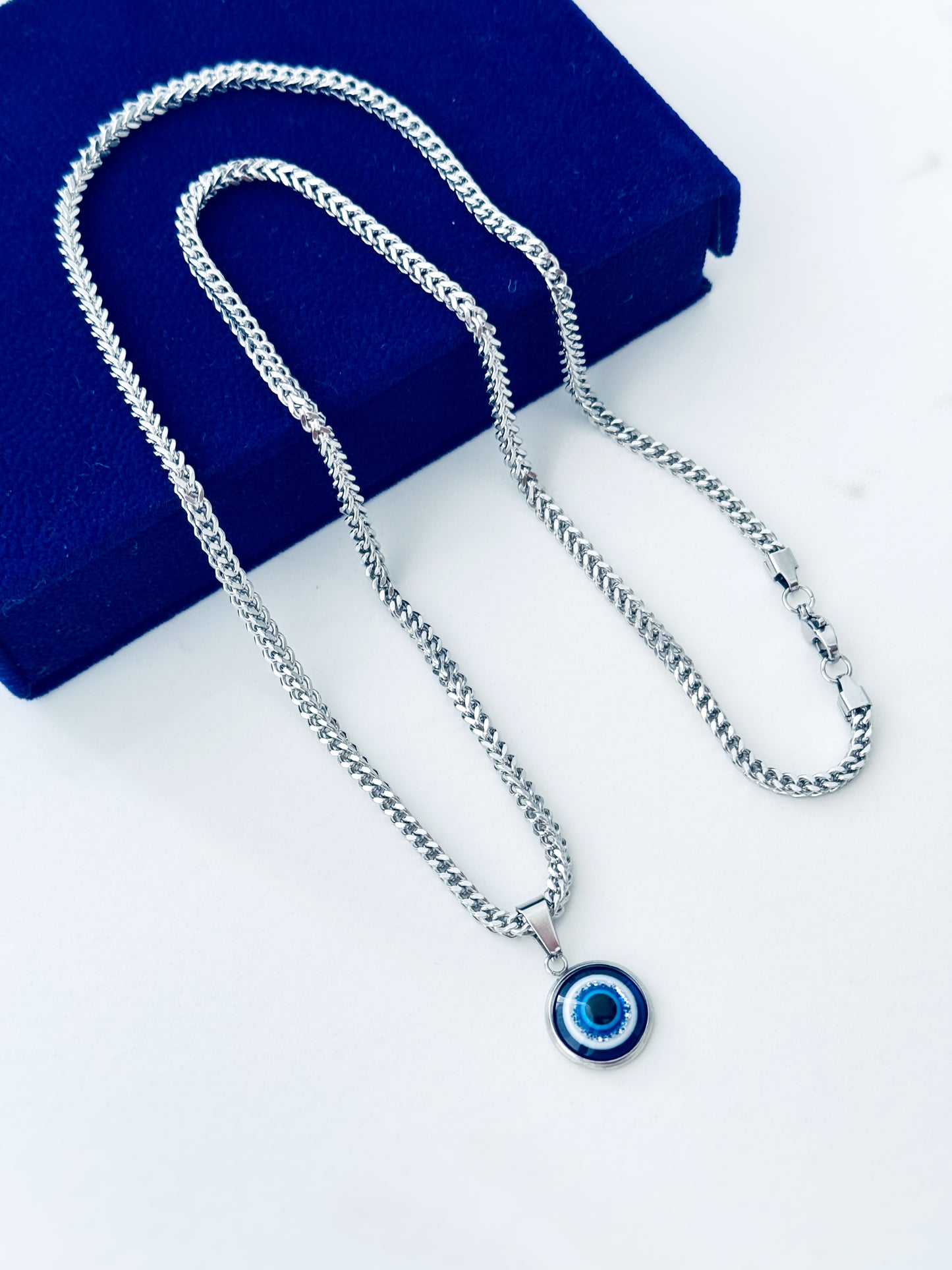 Guardian Eye Necklace for Men – Silver Color Evil Eye Pendant with 3mm Diamond Cut Franco Chain | 316L Stainless Steel Waterproof Necklace
