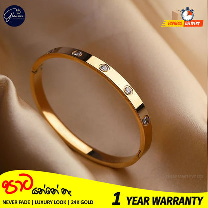 Luxury Gold Coated Stainless Steel 6mm Crystal Love Cartier Stone Bangle Bracelet For Women