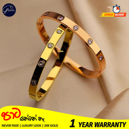 Luxury Gold Coated Stainless Steel 6mm Crystal Love Cartier Stone Bangle Bracelet For Women