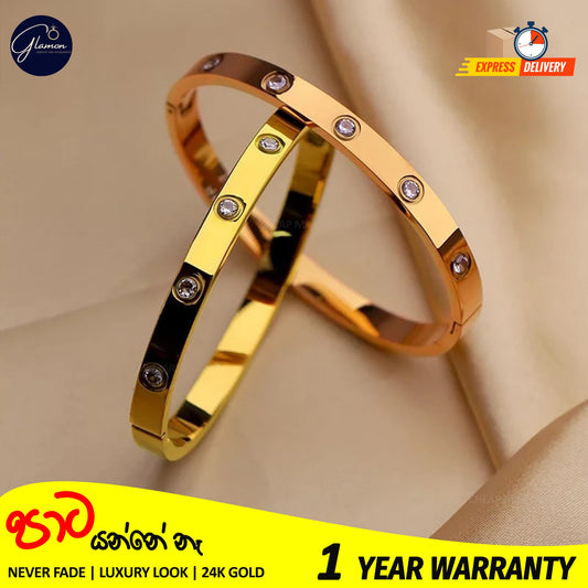 Luxury Gold Coated Stainless Steel 6mm Crystal Love Cartier Stone Bangle Bracelet For Women
