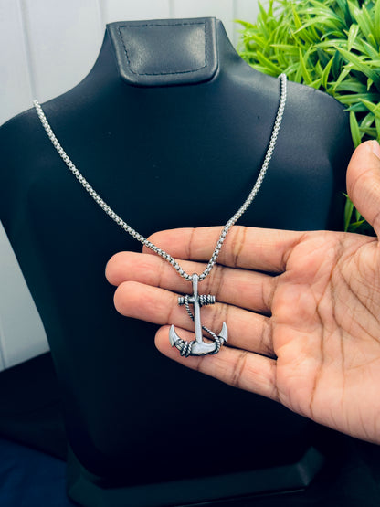 Glamon Anchor Pendant Necklace for Men – Silver Stainless Steel Chain | Luxury High-Quality Gift for Boyfriend