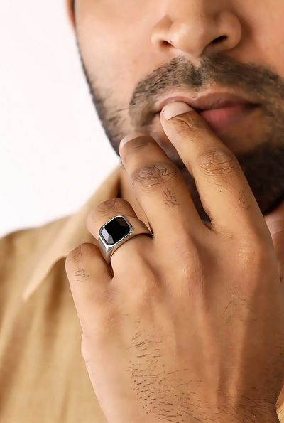 Glamon Black Onyx Ring for Men – Natural Black Onyx Stone | Premium 316L Stainless Steel | Waterproof