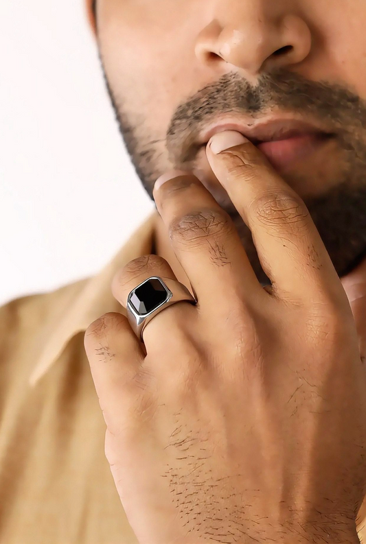 Glamon Black Onyx Ring for Men – Natural Black Onyx Stone | Premium 316L Stainless Steel | Waterproof