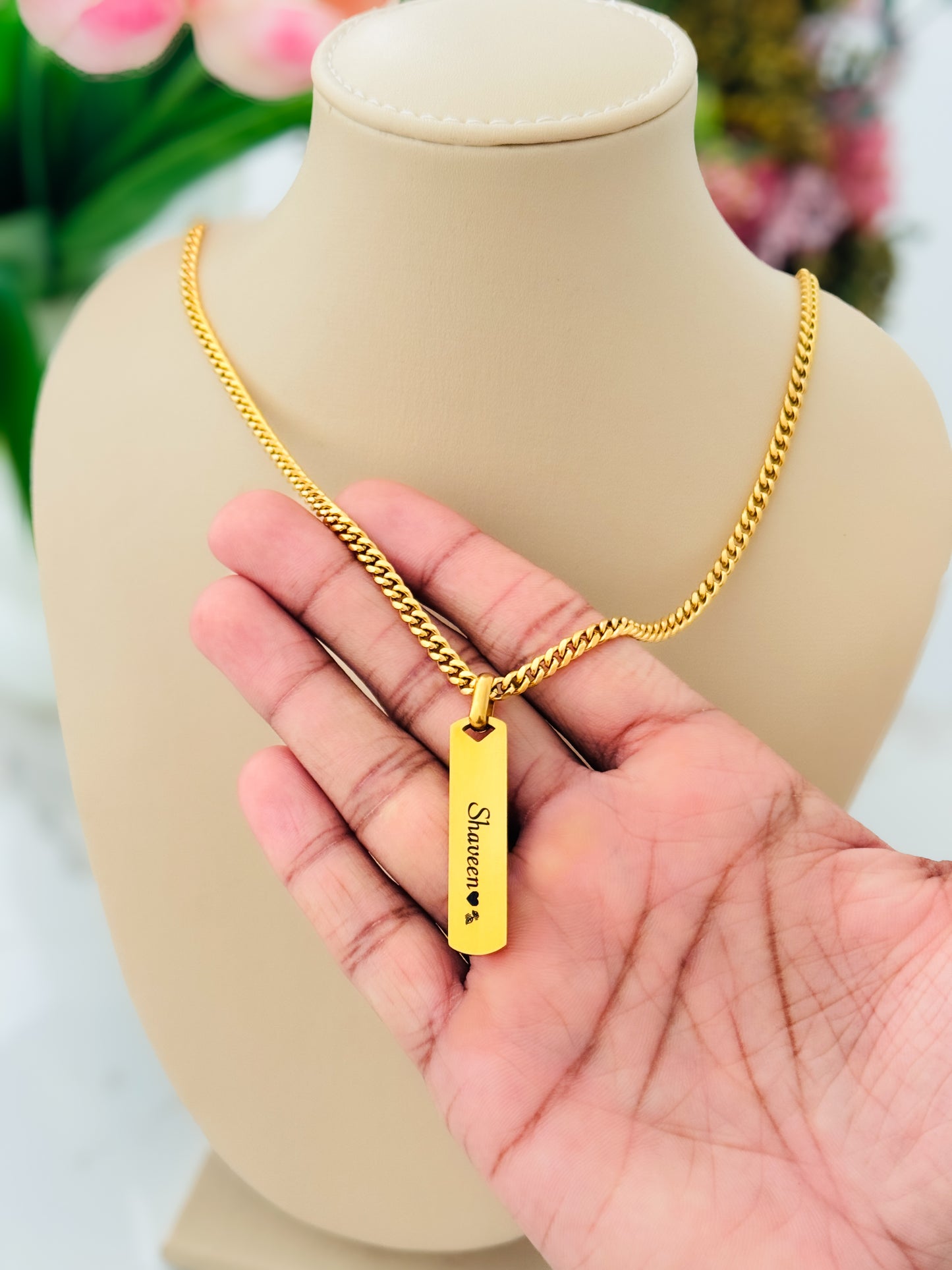 Customize Name Pendant and 4mm Cuban Link Chain - GOLD coated Wateproof Necklace Gift For Men