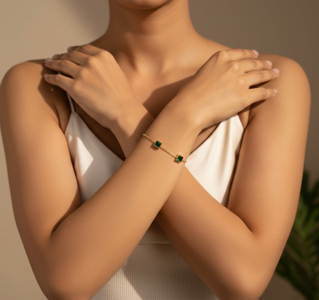 Glamon Green Zircon Bracelet – Gold Coated Luxury Chain Bracelet for Women | Emerald-Tone Zircon Stones | Adjustable Elegant Gift Jewelry for Daily Wear & Special Occasions