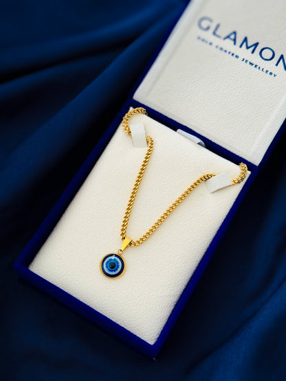 Guardian Eye Necklace for Men – Luxury Gold Coated Evil Eye Pendant with 3mm Franco Chain | Waterproof Stainless Steel Gift