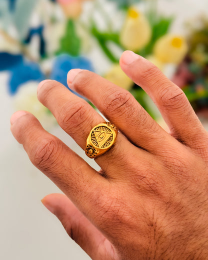 Glamon Guardian Eye Ring for Men – Gold Coated 316L Stainless Steel Evil Eye Signet Ring Luxury Waterproof Statement Jewelry Gift for Him