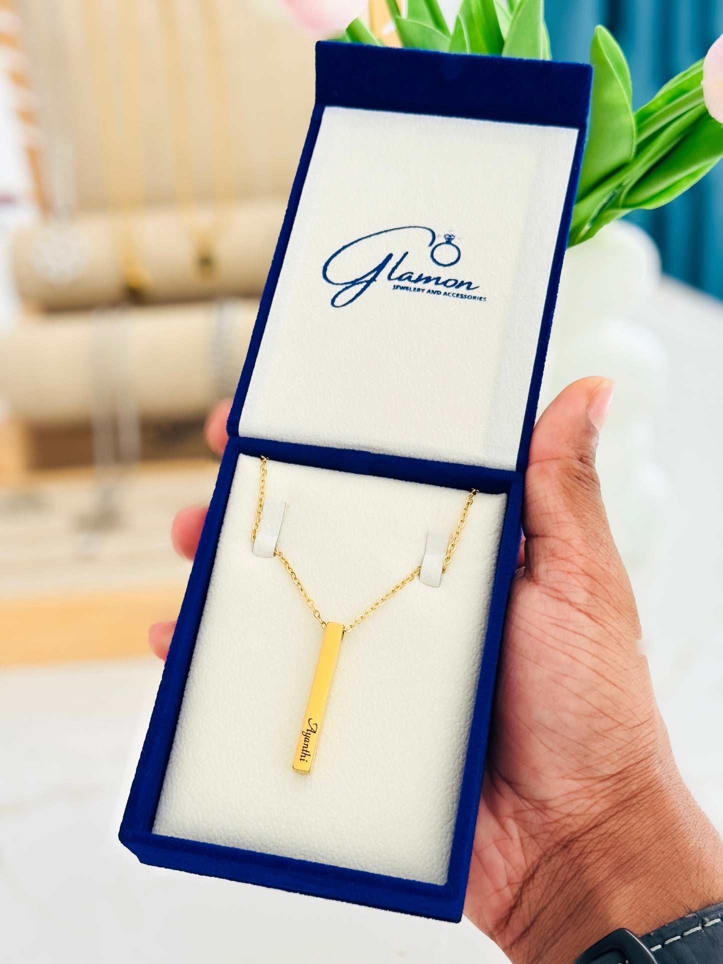 Customized Rectangle Bar Name Necklace with Gift Box for Him & Her | Personalized Gold Necklace