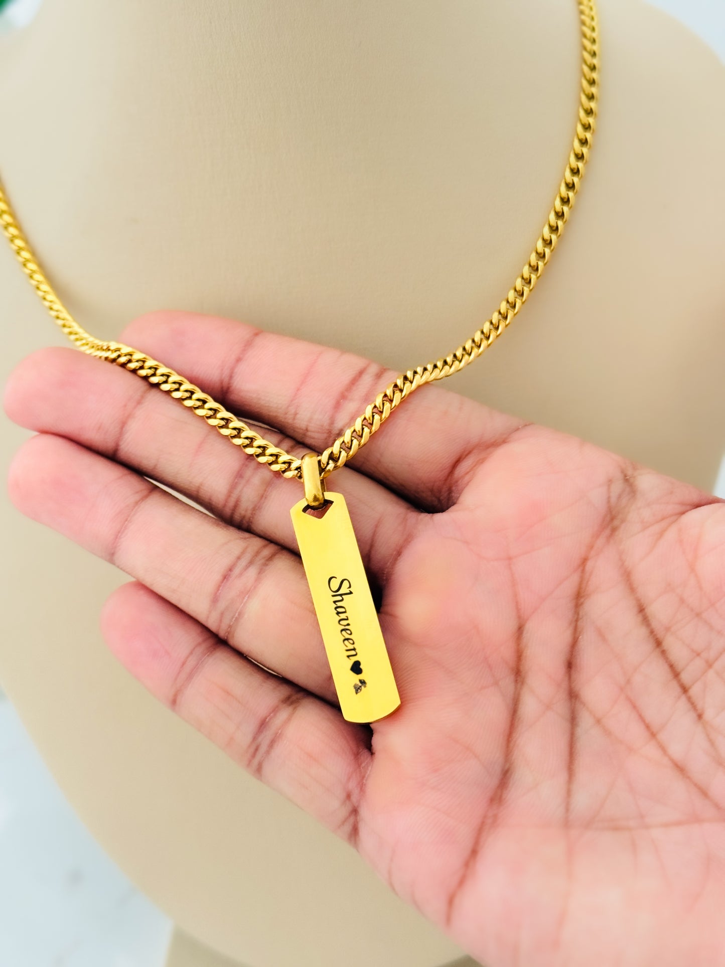 Customize Name Pendant and 4mm Cuban Link Chain - GOLD coated Wateproof Necklace Gift For Men