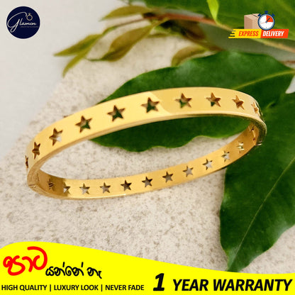 Glamon Luxury Hollow Star Design Gold Bangle For Women 316L Stainless Steel High Polished Gold Plated Bangle For Girls Stylish Rich Look Bracelets & Bangles Gifts For Girlfriend Gold Jewellery Cuff Bracelet For Girls Accessories