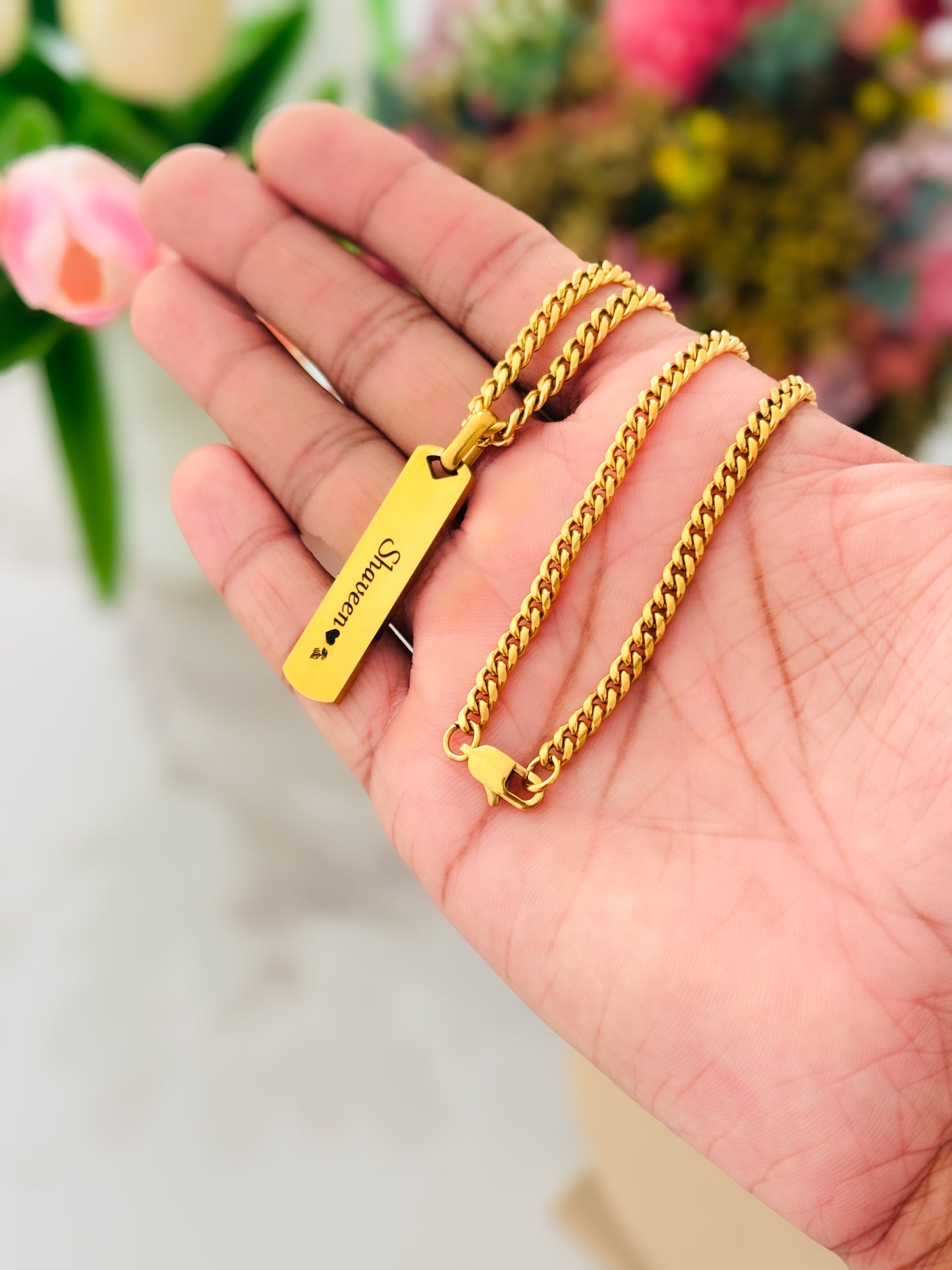 Customize Name Pendant and 4mm Cuban Link Chain - GOLD coated Wateproof Necklace Gift For Men