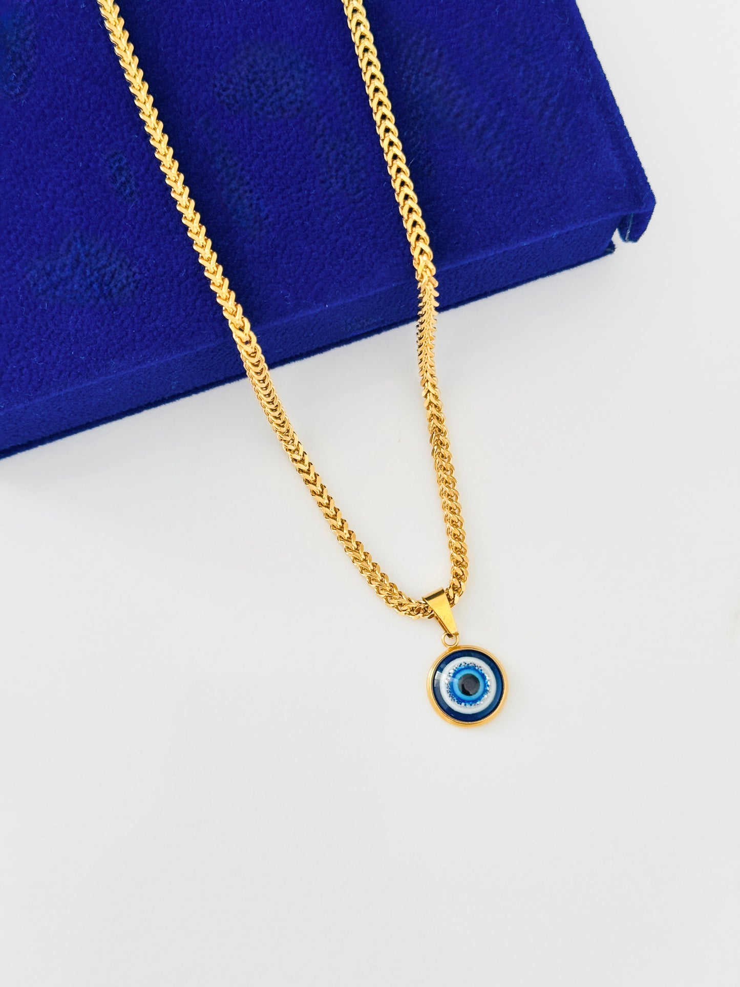 Guardian Eye Necklace for Men – Luxury Gold Coated Evil Eye Pendant with 3mm Franco Chain | Waterproof Stainless Steel Gift