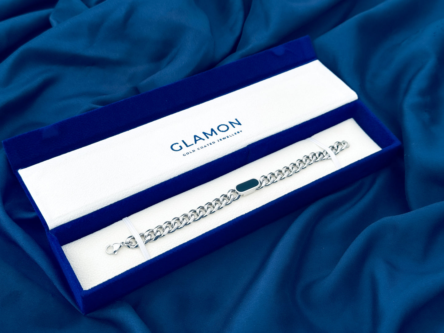 Glamon Midnight Luxe Men’s Silver Bracelet – 316L Stainless Steel Curb Chain Bracelet | Luxury Gift for Boyfriend