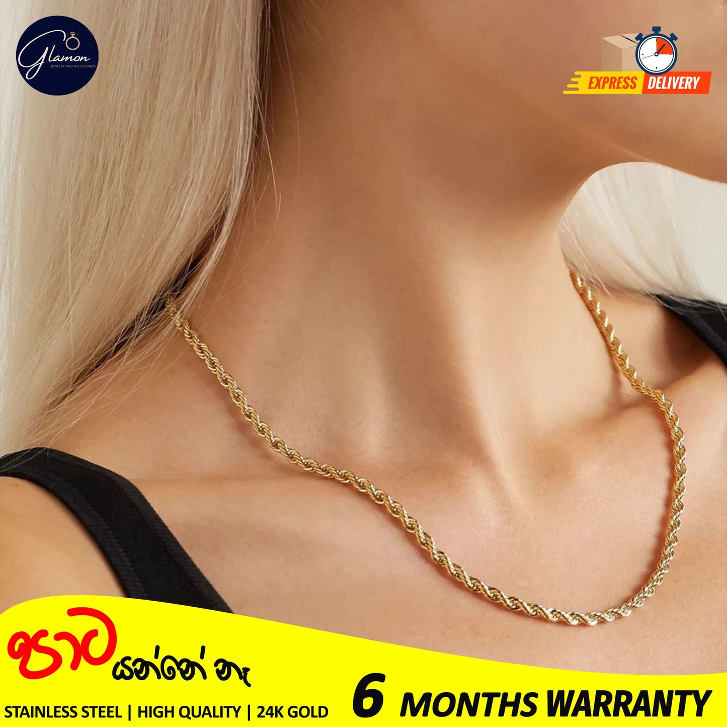 3mm Rope Chain Necklace Stainless Steel Waterproof Gold Color