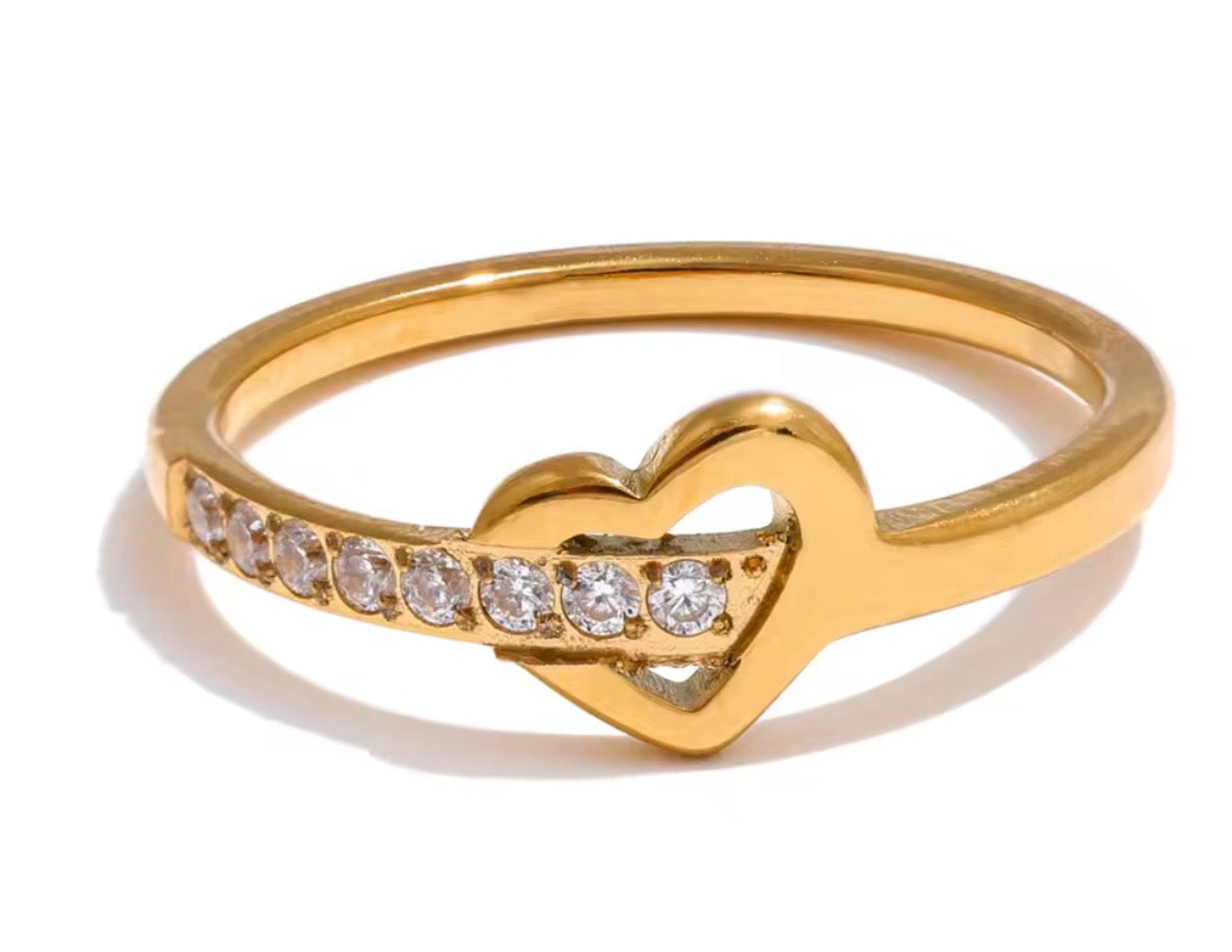 Glamon Crystal Heart Promise Ring – Gold Coated Zircon Heart Ring for Women | Waterproof Stainless Steel | Romantic Gift for Her