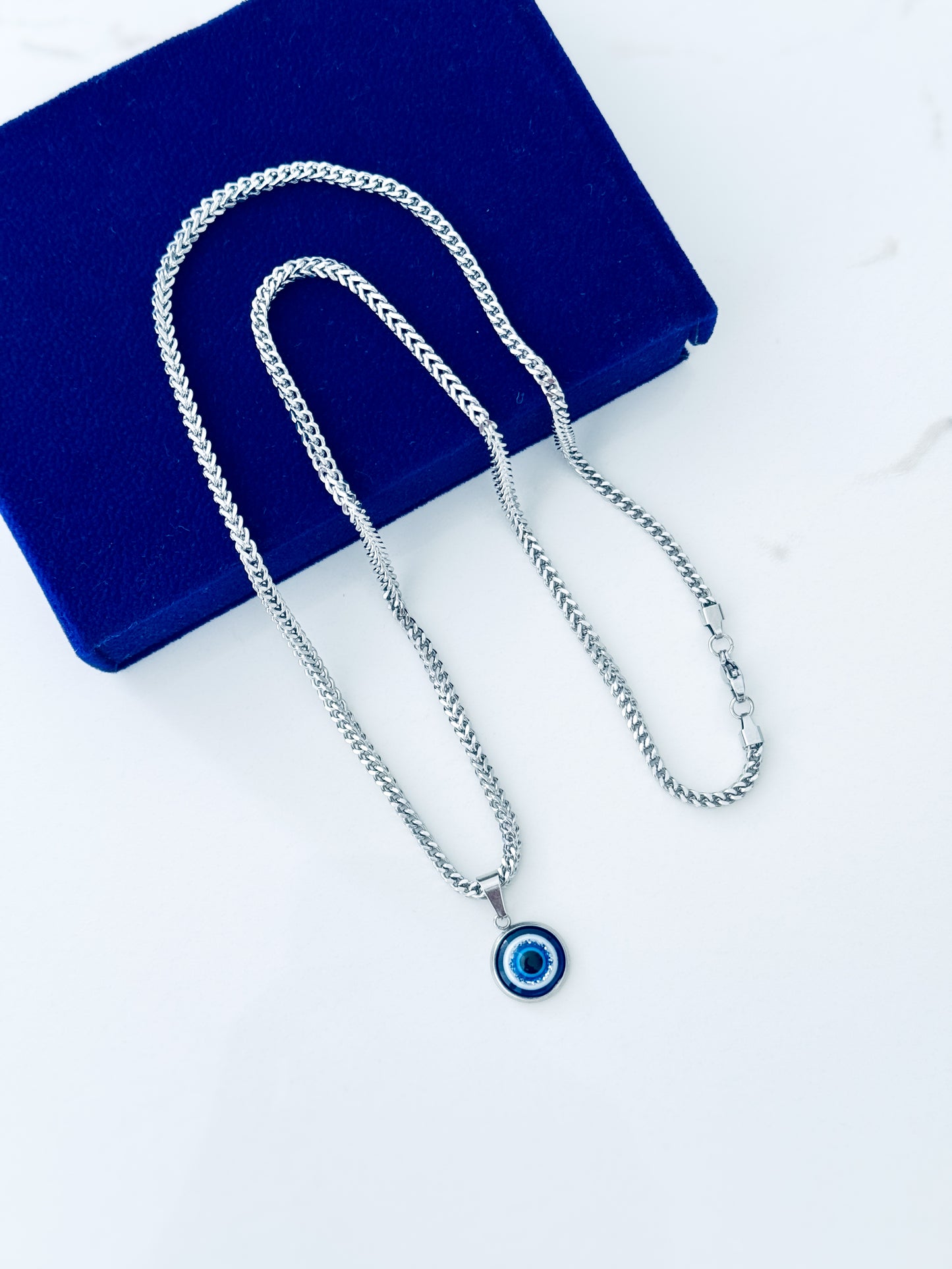 Guardian Eye Necklace for Men – Silver Color Evil Eye Pendant with 3mm Diamond Cut Franco Chain | 316L Stainless Steel Waterproof Necklace