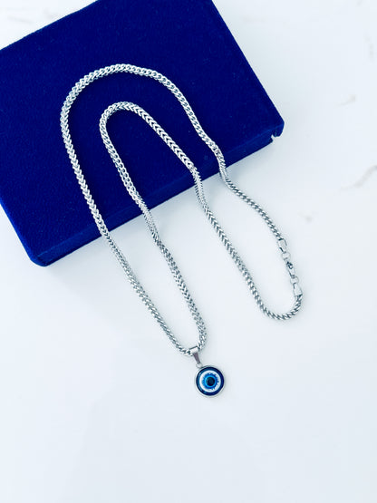 Guardian Eye Necklace for Men – Silver Color Evil Eye Pendant with 3mm Diamond Cut Franco Chain | 316L Stainless Steel Waterproof Necklace