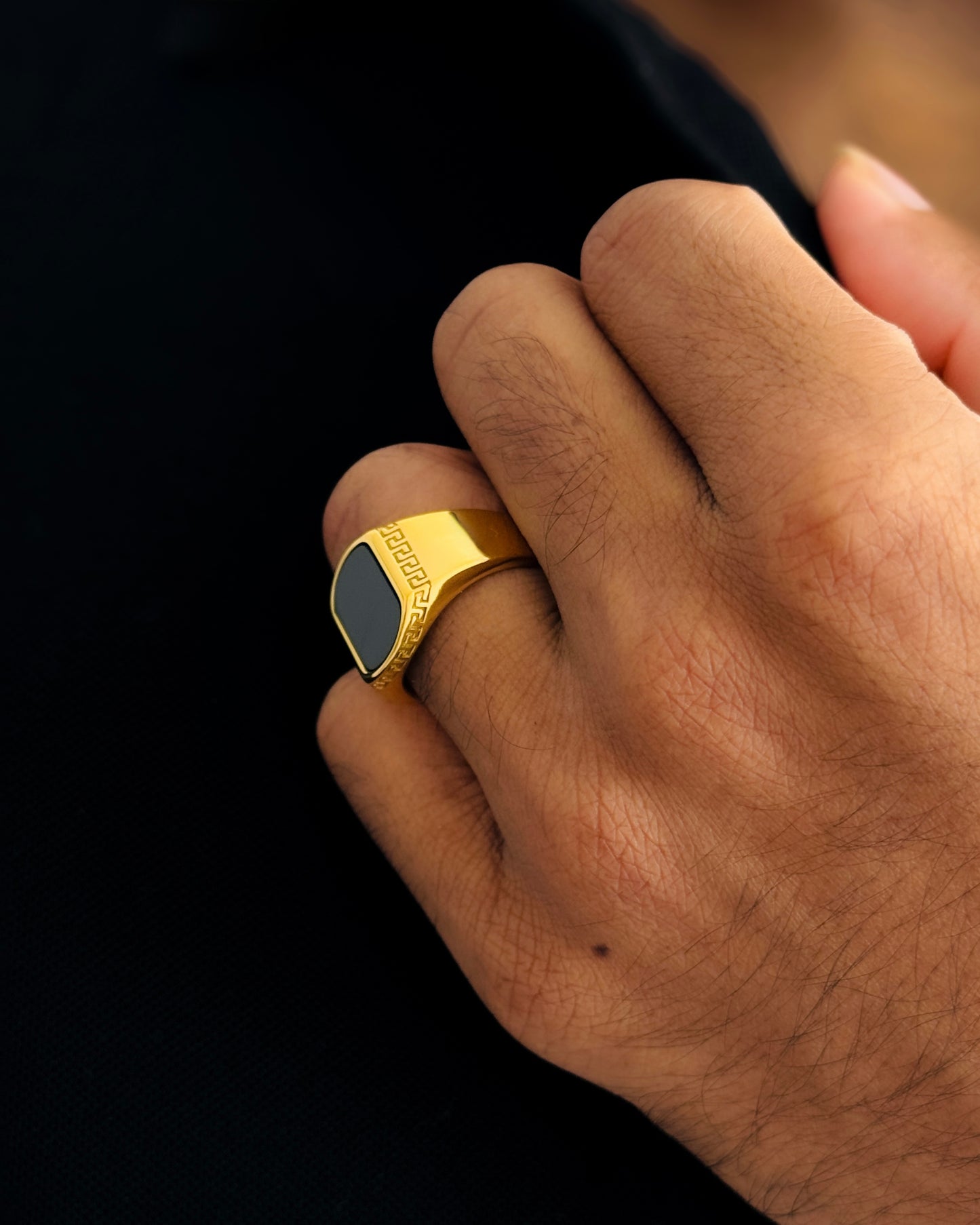 Glamon AUREX Black Signet Ring for Men Premium Gold Coated 316L Stainless Steel Waterproof Luxury Mens Ring