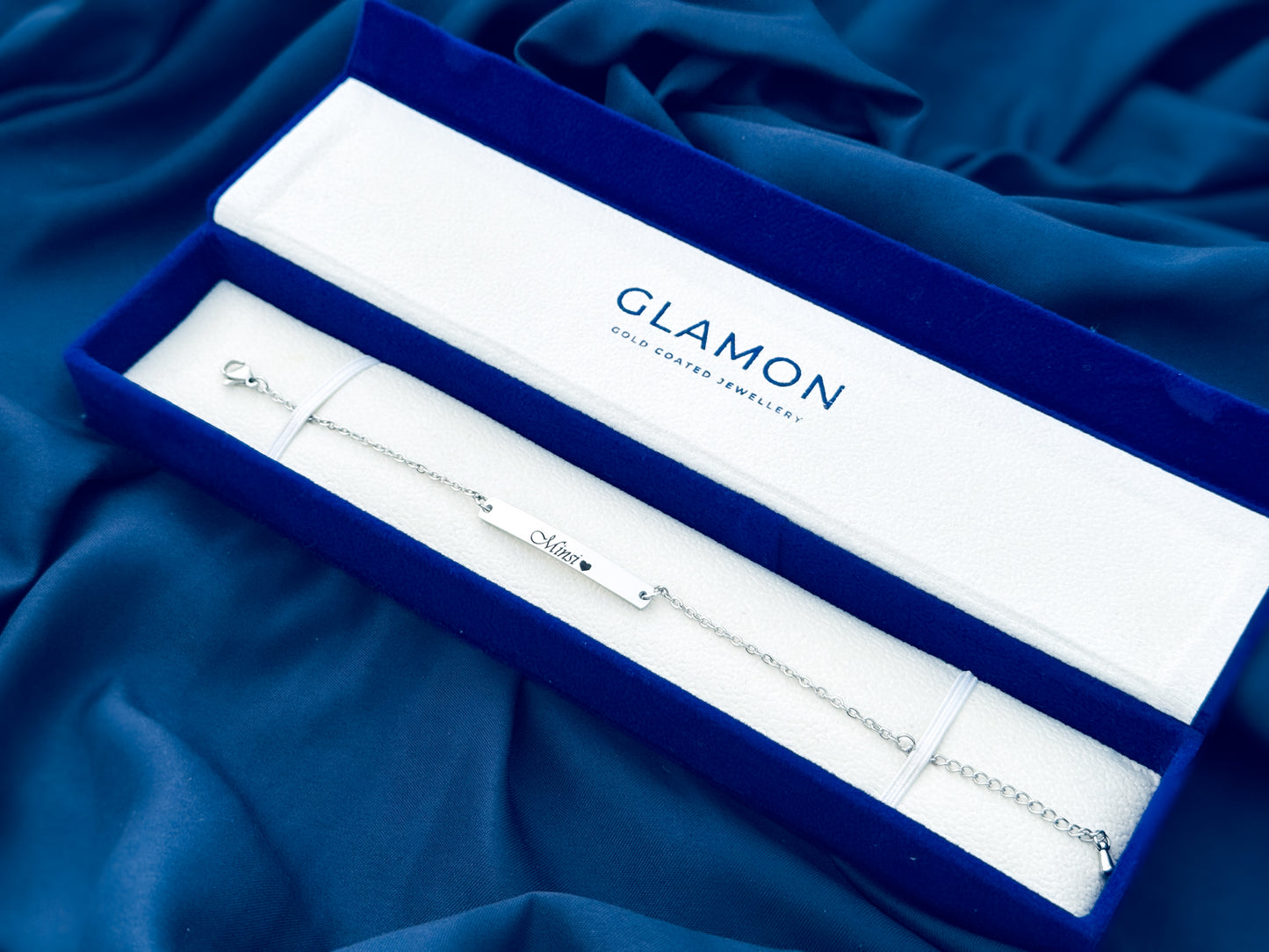 Glamon Name Engraved Silver Bracelet for Girls | Customized 316L Stainless Steel Waterproof Bracelet | Premium Gift for Her with Box & Bag