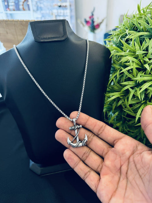 Anchor Pendant With Box Chain 60cm -SILVER-Waterproof-NEVER FADE Necklace
