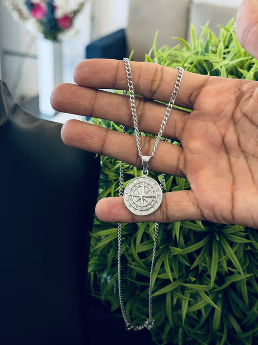 Compass Necklace and Cuban Link Chain SILVER 60cm Never Fade Waterproof Jewellery