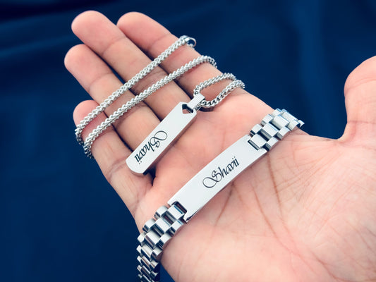 Special Bundle Offer Valentine - Customized Name Bracelet and Necklace For Men-With Gift Box-SILVER