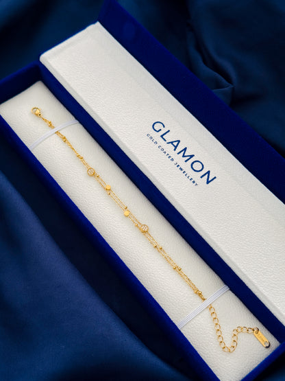 Glamon Liora Crystal Gold Bracelet for Women – Waterproof Gold-Coated Stainless Steel Double Chain Bracelet, Luxury Gift for Her
