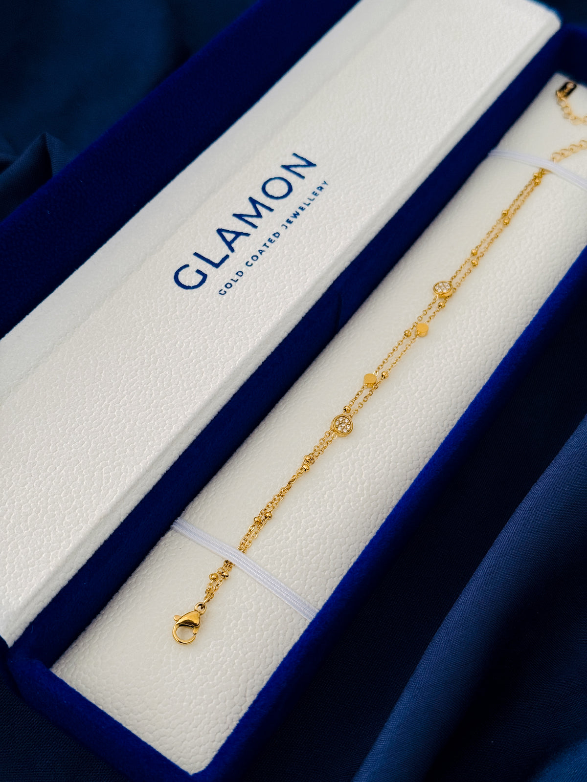 Glamon Liora Crystal Gold Bracelet for Women – Waterproof Gold-Coated Stainless Steel Double Chain Bracelet, Luxury Gift for Her