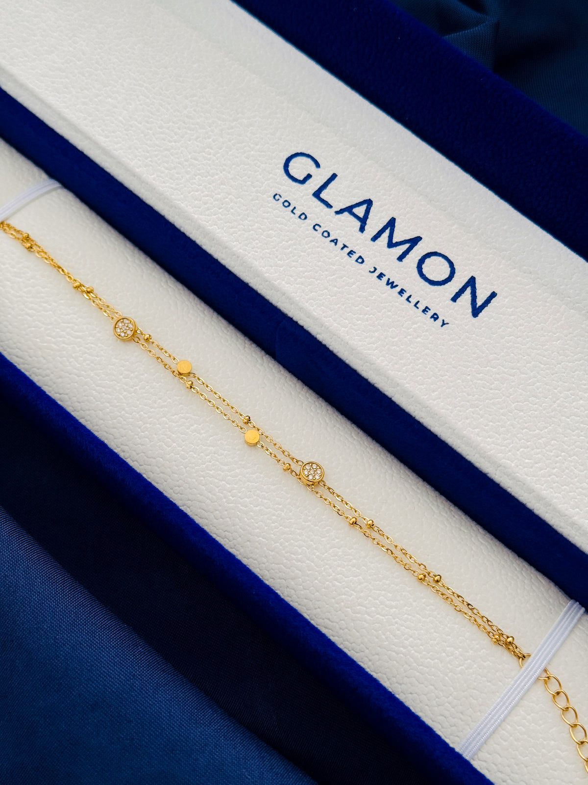 Glamon Liora Crystal Gold Bracelet for Women – Waterproof Gold-Coated Stainless Steel Double Chain Bracelet, Luxury Gift for Her