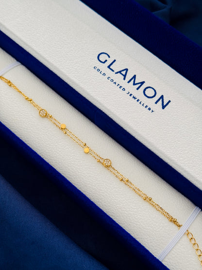 Glamon Liora Crystal Gold Bracelet for Women – Waterproof Gold-Coated Stainless Steel Double Chain Bracelet, Luxury Gift for Her