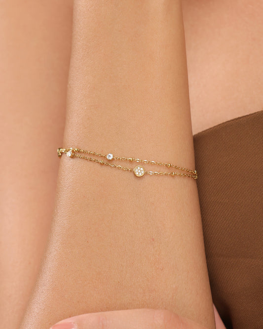 Glamon Liora Crystal Gold Bracelet for Women – Waterproof Gold-Coated Stainless Steel Double Chain Bracelet, Luxury Gift for Her