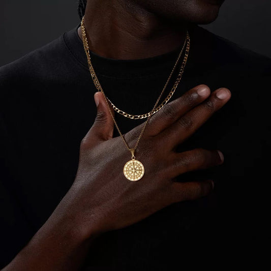 Glamon Compass Necklaces for Men 24K Gold Plated Stainless Steel pendant chain Necklace for Boys Jewellery