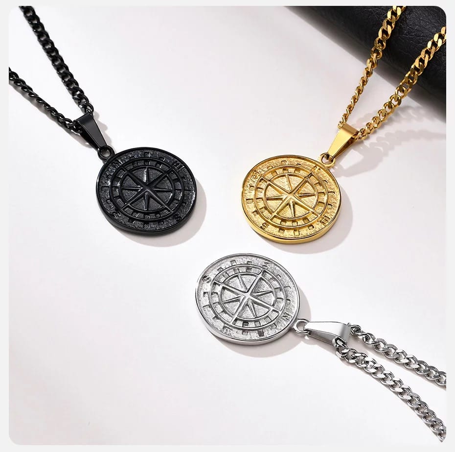 Glamon Compass Necklaces for Men 24K Gold Plated Stainless Steel pendant chain Necklace for Boys Jewellery