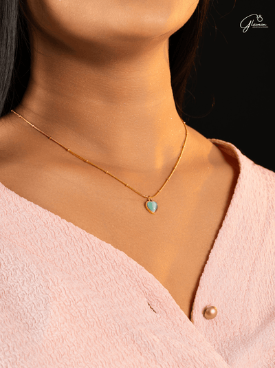 Glamon Lake Blue Opal Oval Heart Pendant necklace for girls Gold Coated High Quality Stainless Steel Chain With Cat Eye Stone neckless for girls chain women