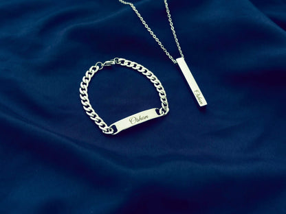 Bundle Offer-Customized Name Bracelet and Necklace For Men-With Gift Box-SILVER