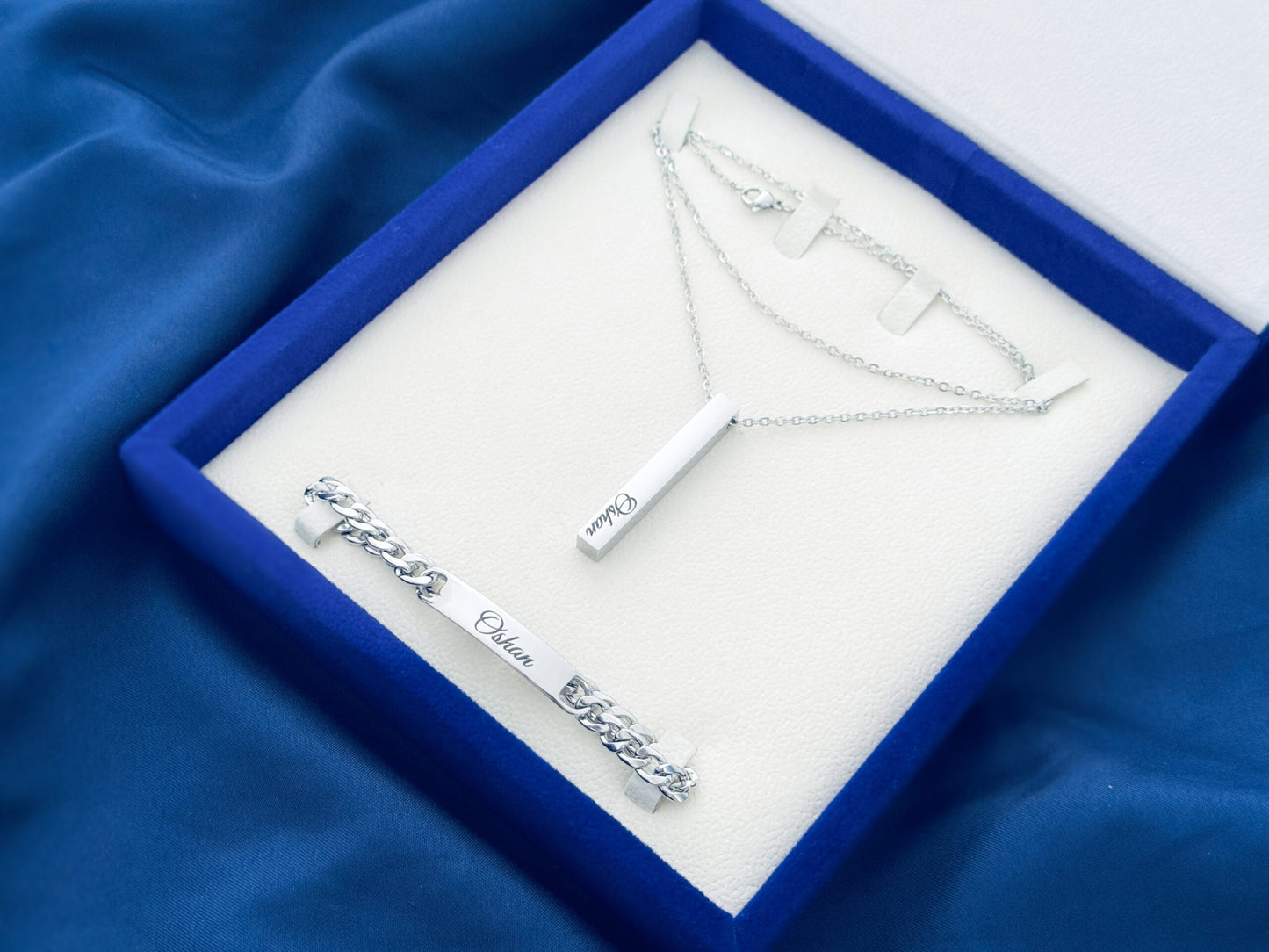 Bundle Offer-Customized Name Bracelet and Necklace For Men-With Gift Box-SILVER