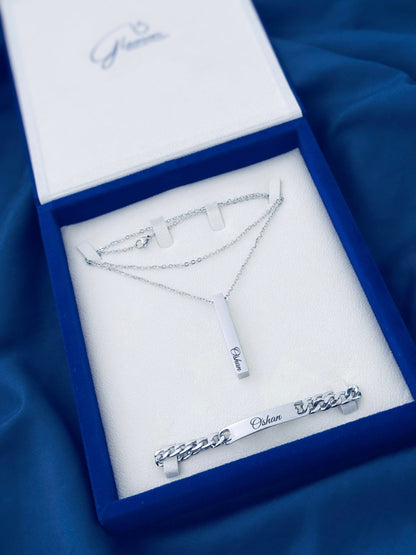 Bundle Offer-Customized Name Bracelet and Necklace For Men-With Gift Box-SILVER