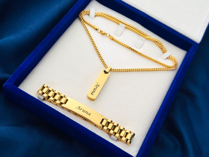 Special Bundle Offer Valentine - Customized Name Bracelet and Necklace For Men-With Gift Box-GOLD