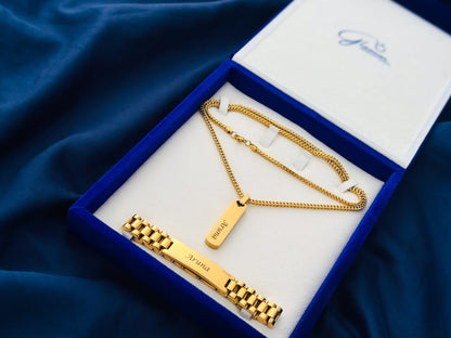 Special Bundle Offer Valentine - Customized Name Bracelet and Necklace For Men-With Gift Box-GOLD