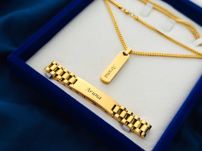 Special Bundle Offer Valentine - Customized Name Bracelet and Necklace For Men-With Gift Box-GOLD