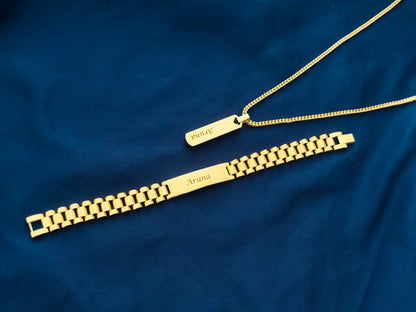 Special Bundle Offer Valentine - Customized Name Bracelet and Necklace For Men-With Gift Box-GOLD